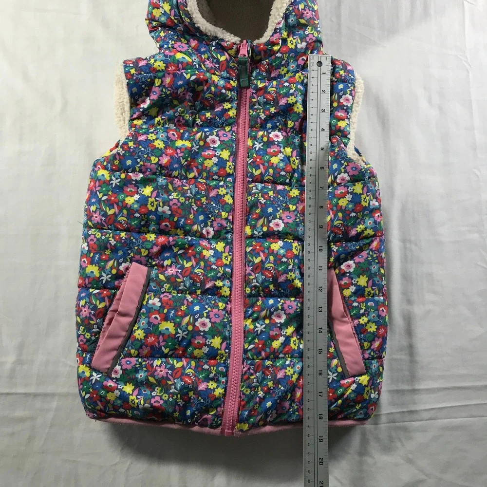 Boden Girls Floral Puffer Vest Sherpa Lined Hooded Navy Pink Multi Size 7-8Y